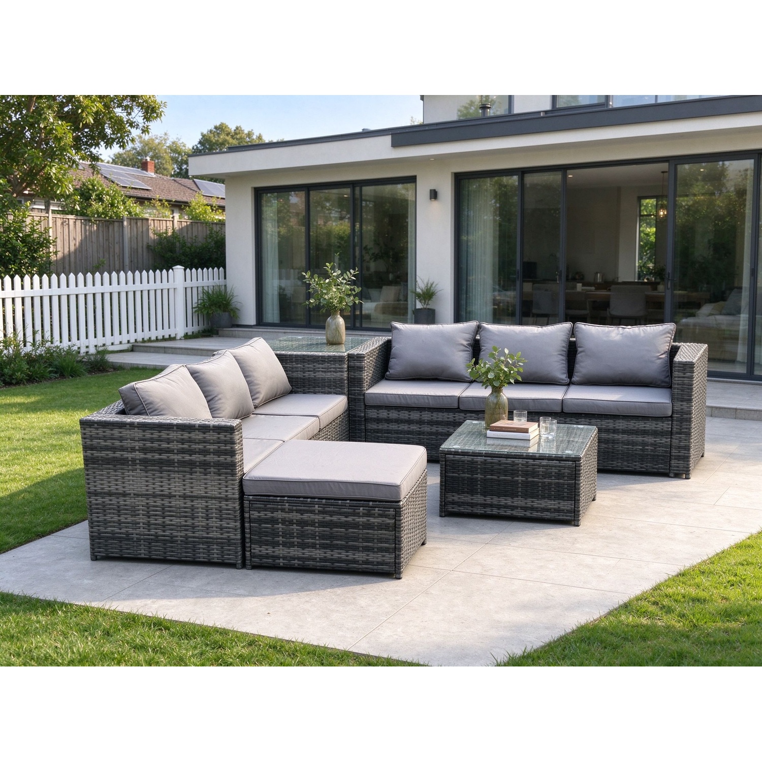 Fimous Dark/Grey 7 Seater Rattan Garden Furniture Sofa Set With Side Table Square Coffee Table Big Footstool Indoor Outdoor Rattan Set Mixed - Image 2