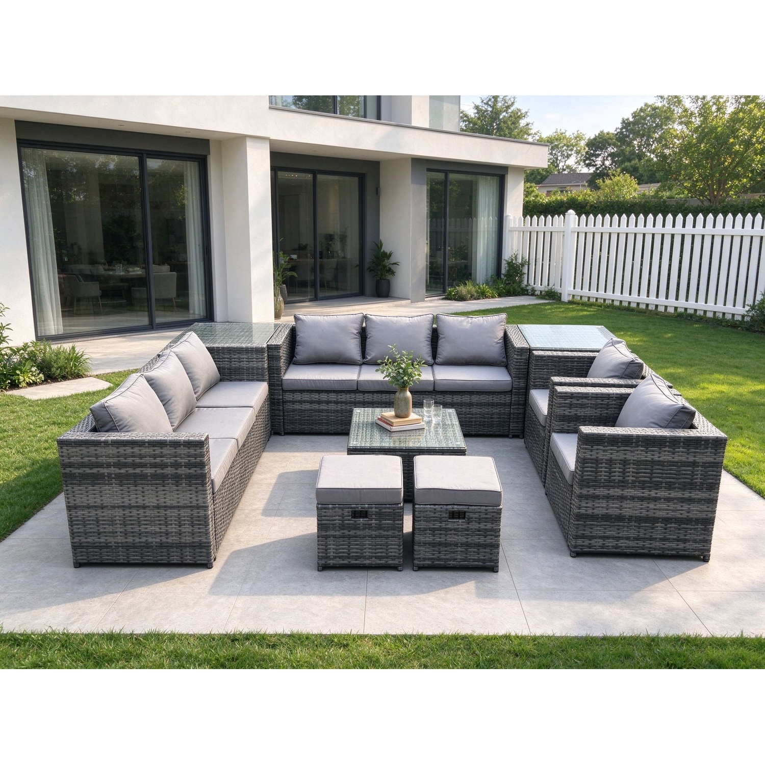 Fimous Outdoor Rattan Garden Furniture Set 10 Seater Patio Lounge Sofa Set With 2 Armchairs Square Coffee Table 2 Side Tables - Image 3
