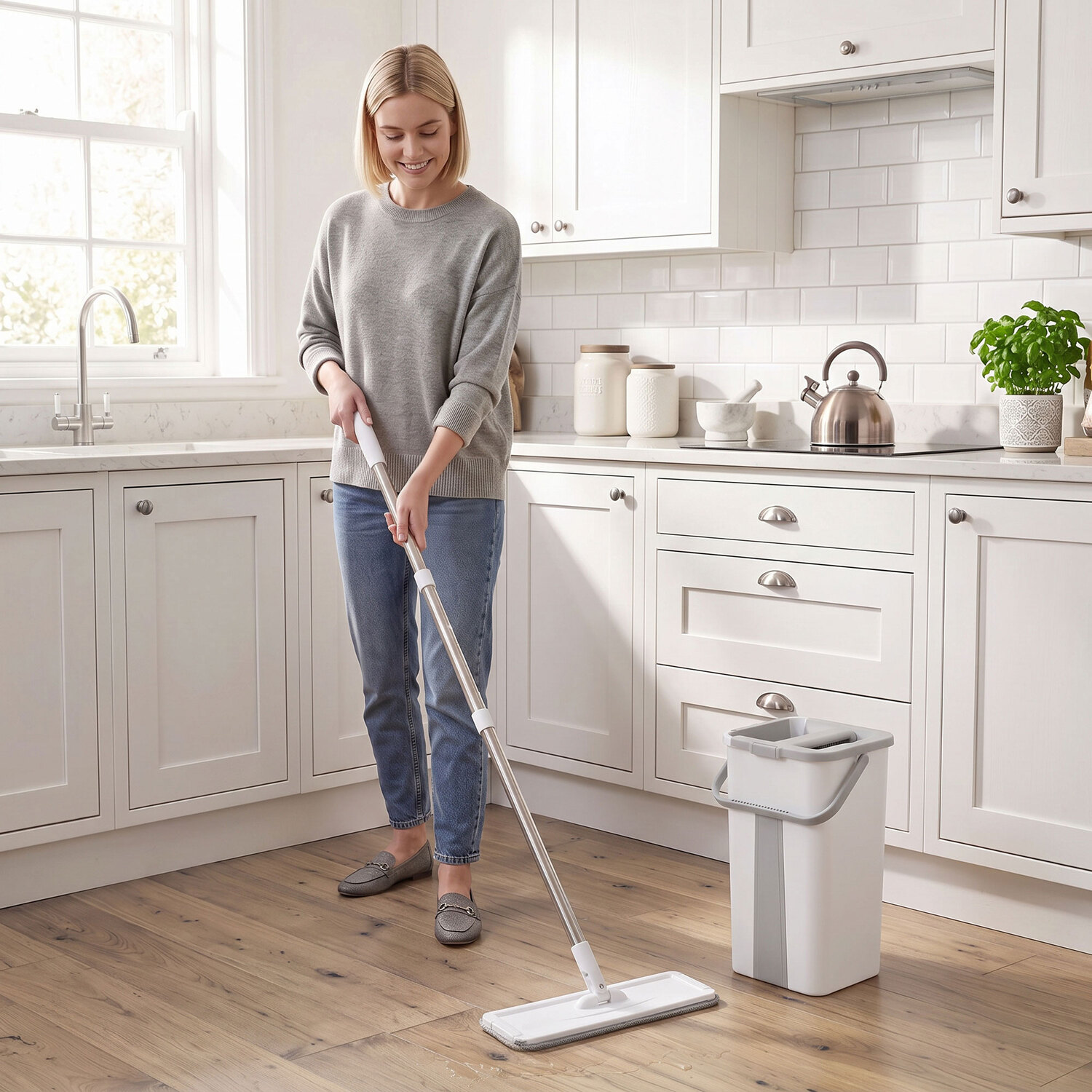 Homcom Unisex White Mop & Bucket Set, Flat Mop System With Wringer, 2 Chambers, - Image 4