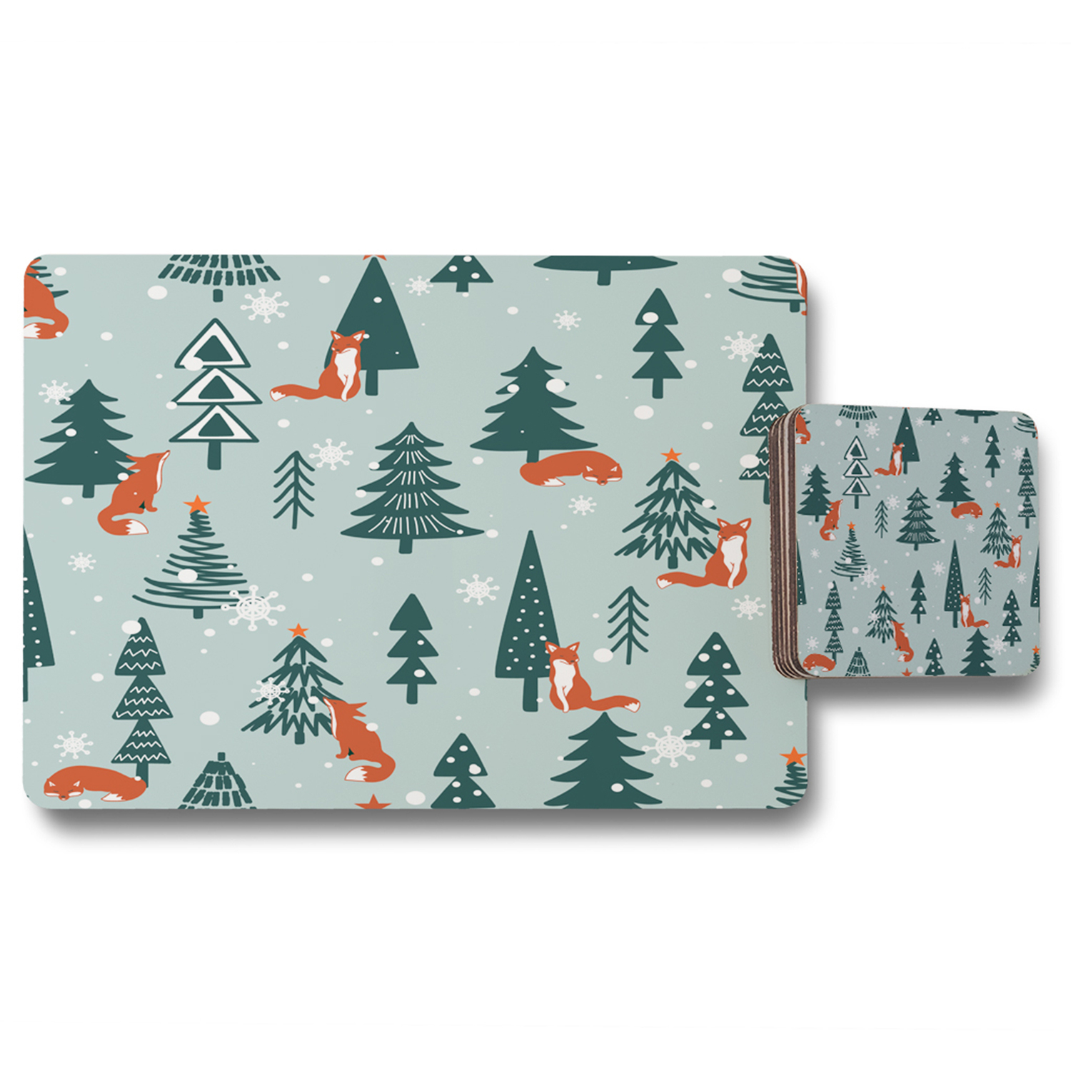Fir-Trees Snow Dining Placemat  Coaster Set - Green