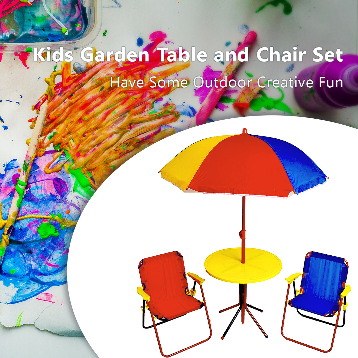 Kids Outdoor Patio Set- Table 2 X Chairs Parasol - Multicoloured Garden Furnit - Multi Colour
