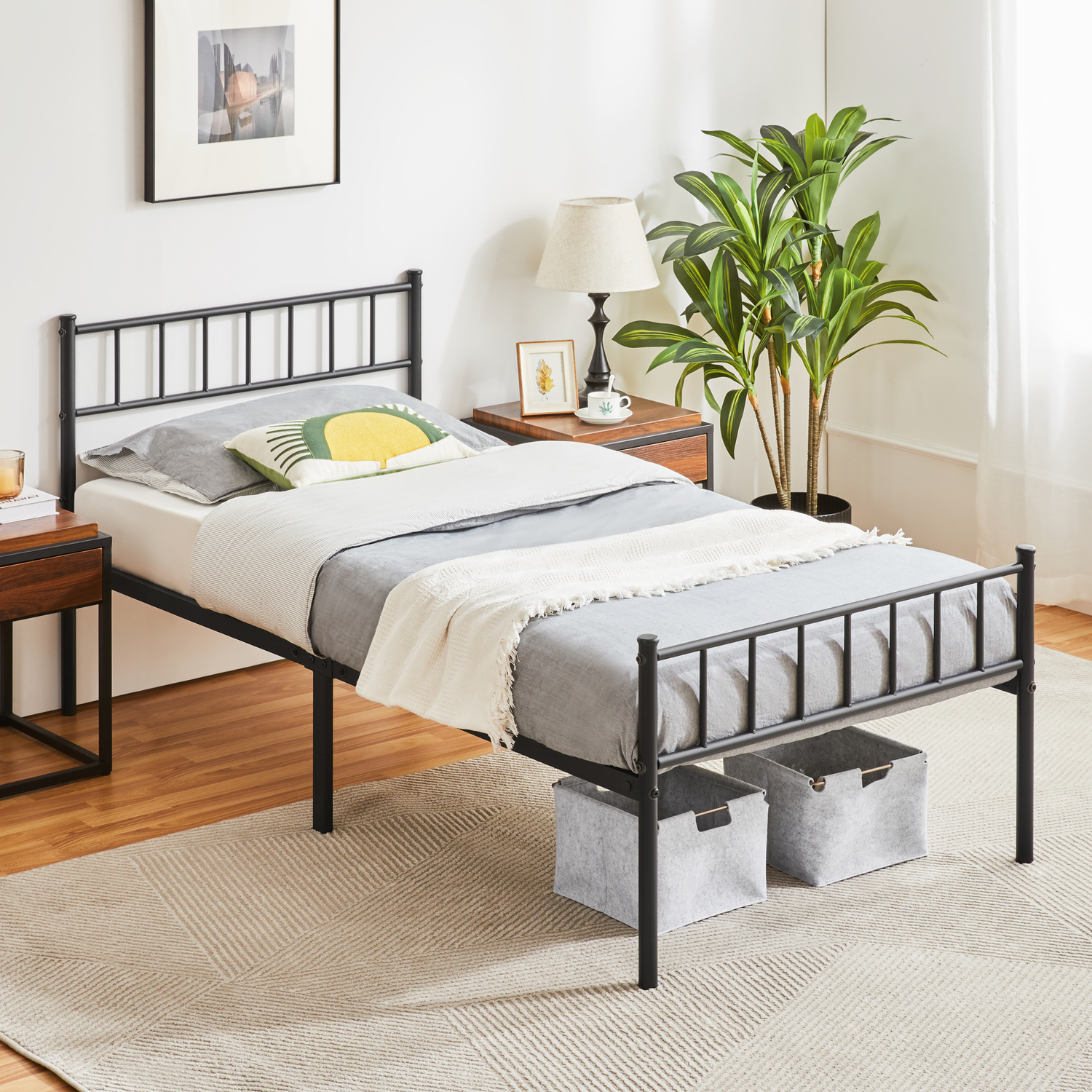 Metal Bed Frame With Large Storage Space - Black Single
