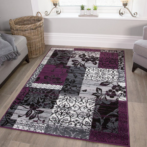 Purple Black Grey Floral Patchwork Living Room Rug