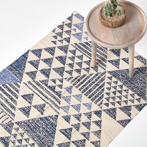 Homescapes Delphi Blue and White Cotton Printed Rug