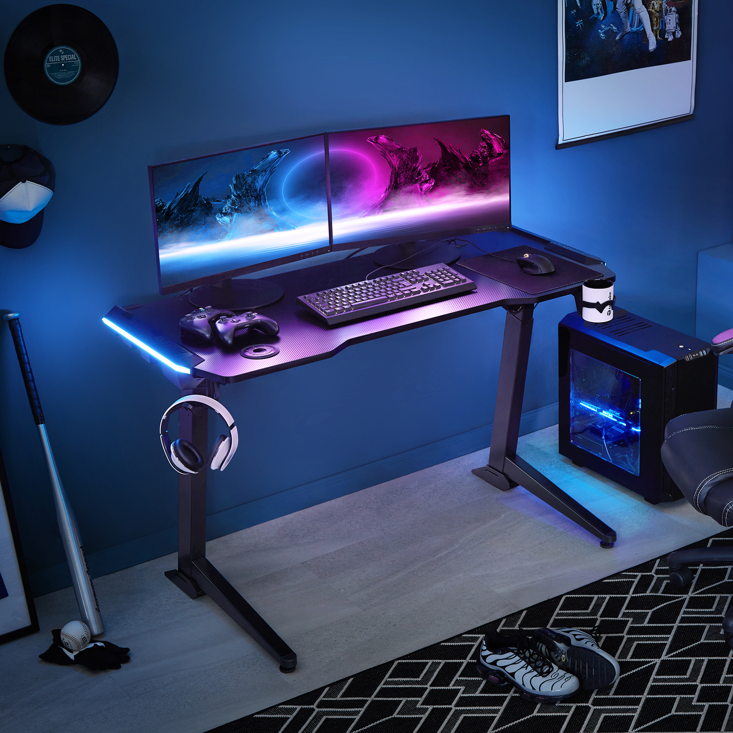 Gaming Desk Electrically Height Adjustable Wled Strips - Black