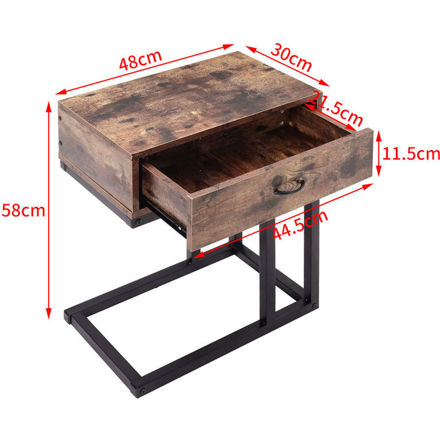 Industrial Metal Rustic Side Table With Drawer - Brown