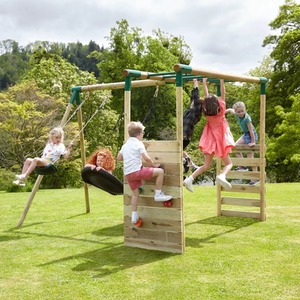 Wooden Triple Swing Set with Climbing Wall and Monkey Bars - Halley