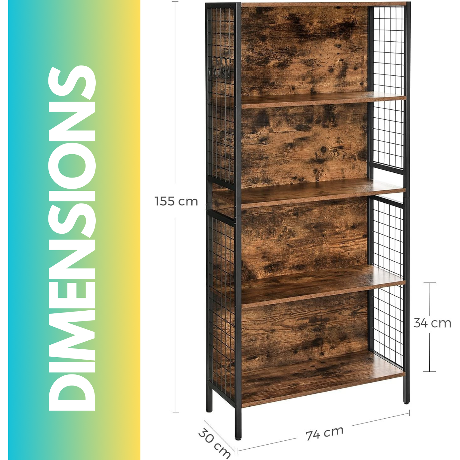 4 Tier Industrial Storage Shelf Living Room Bedroom Furniture - Rustic Brown