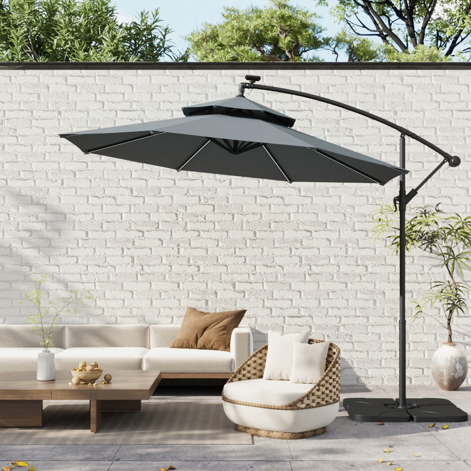 3m Cantilever Parasol With Lights And Fillable Base - Dark Grey 1 Outdoor Polygon Parasol And 1 Hdpe Parasol Base
