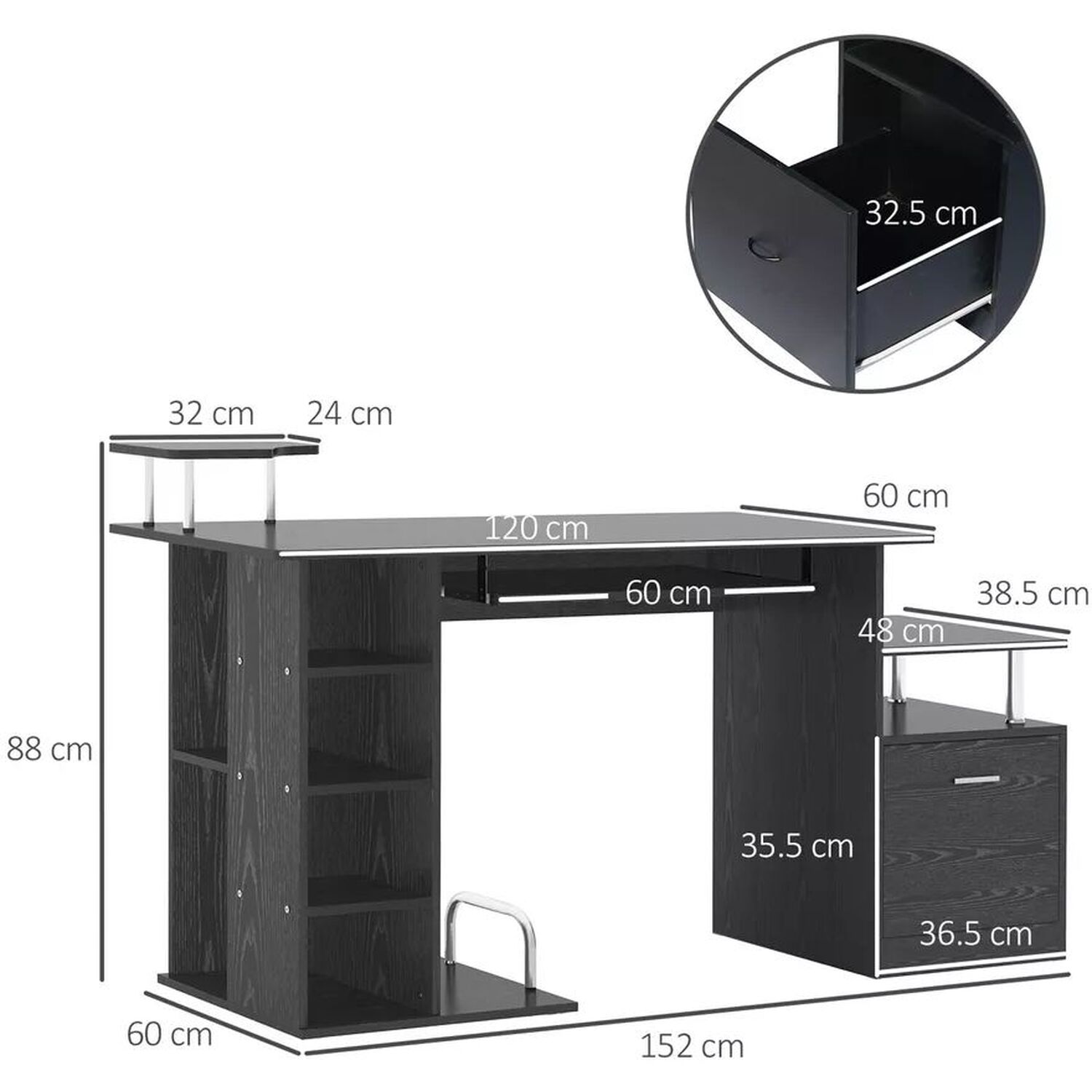 Modern Computer Desk With Drawers - Black