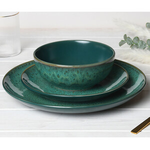 12 Piece Bottle Green Stoneware Dinner Set