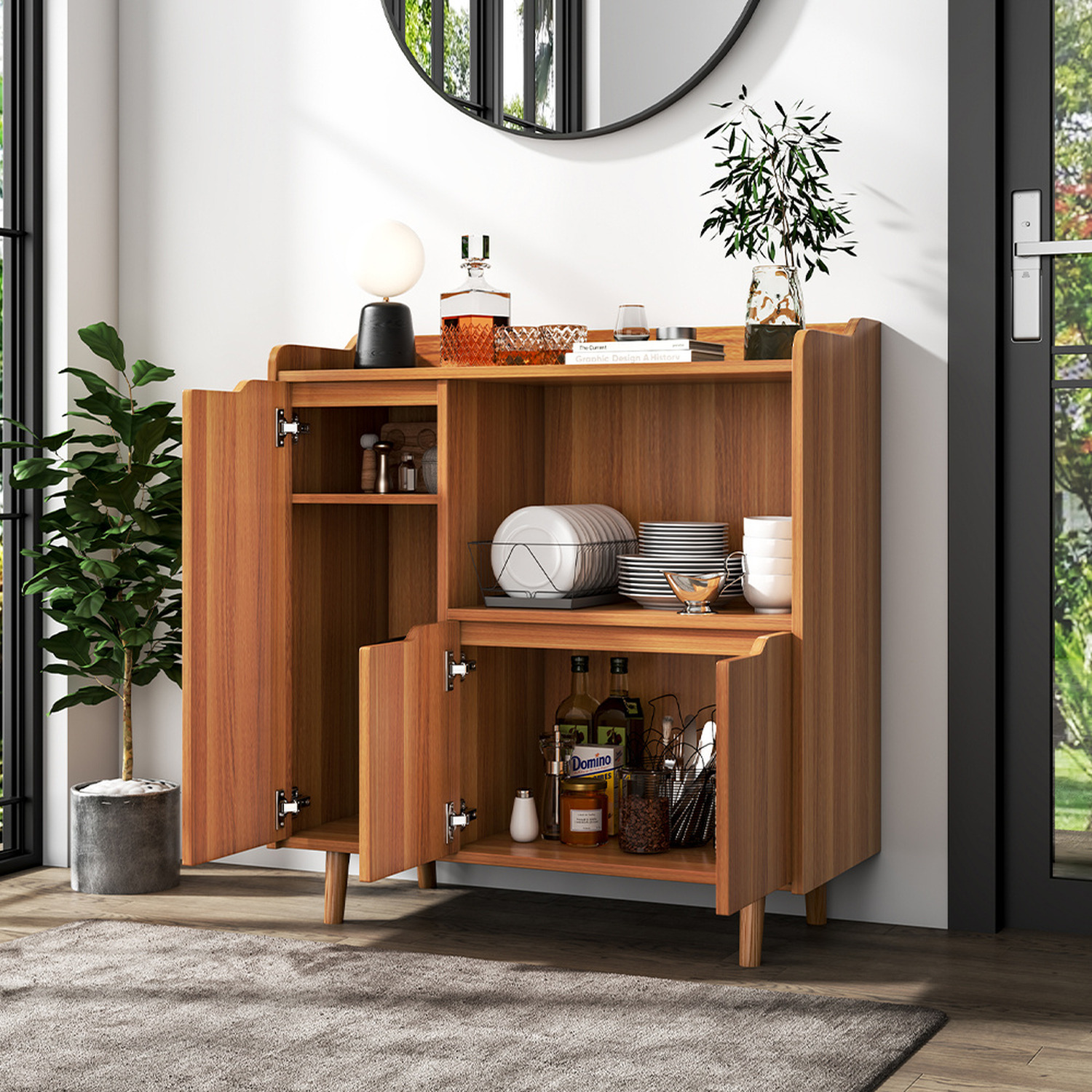 Wooden Kitchen Cabinet with Top Guard Rail and Pine Legs
