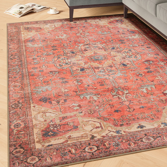 Coral Distressed Washable Area Rug