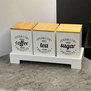 3 Piece Tea, Coffee, Sugar Canister Set - White and Bamboo