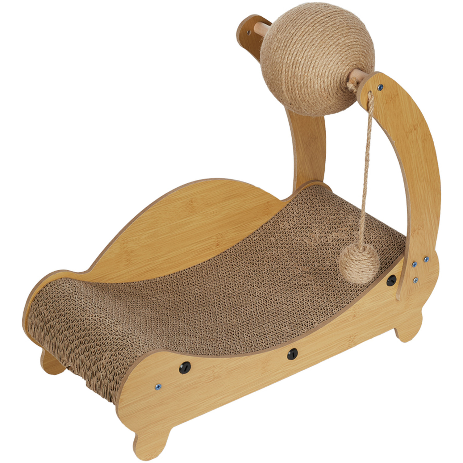 Curved Bed-Style Cat Scratcher with Sisal Toy Balls - Wood