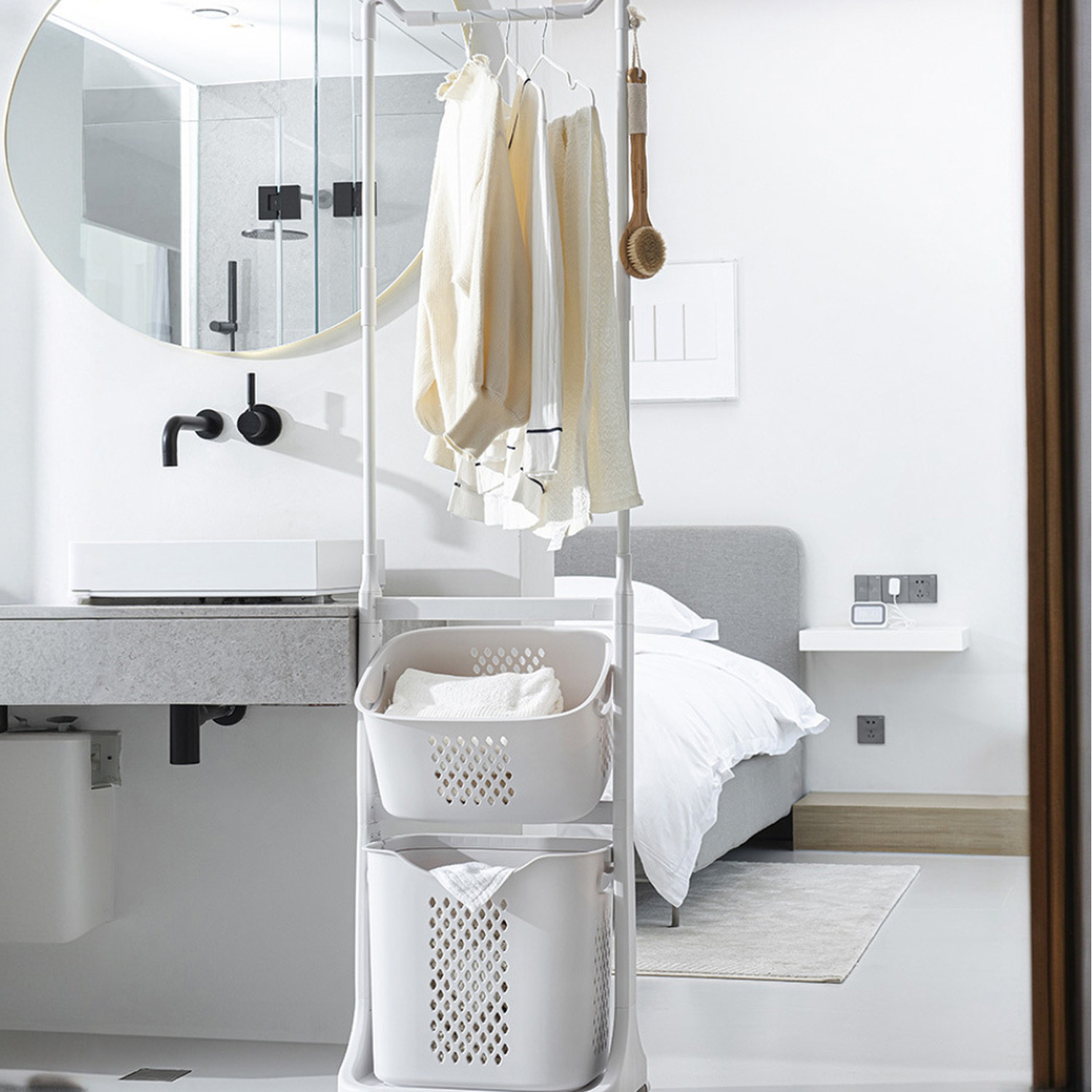 2 Tier Plastic Laundry Baskets with Hanging Rack and Wheels - White