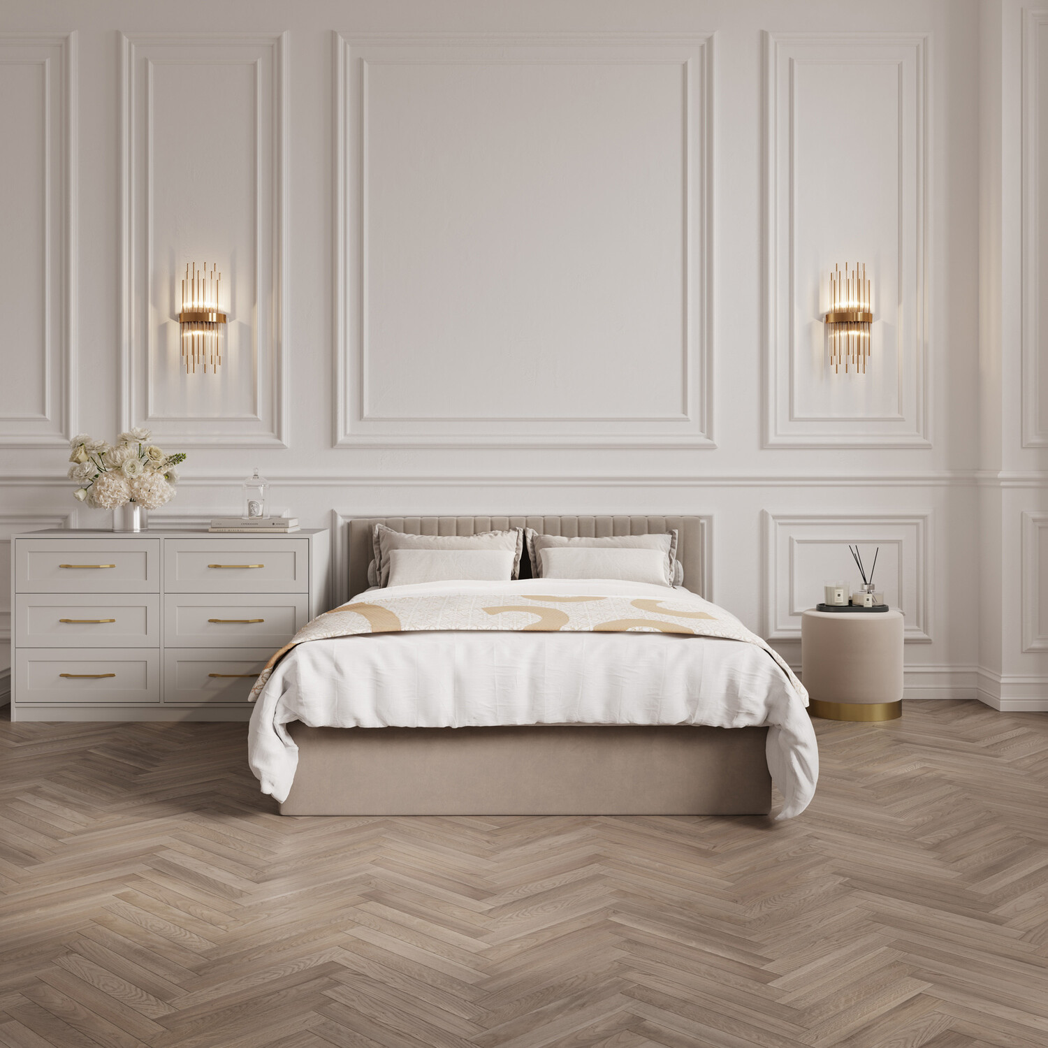 Berlin Upholstered Ottoman Bed - Beige / Double