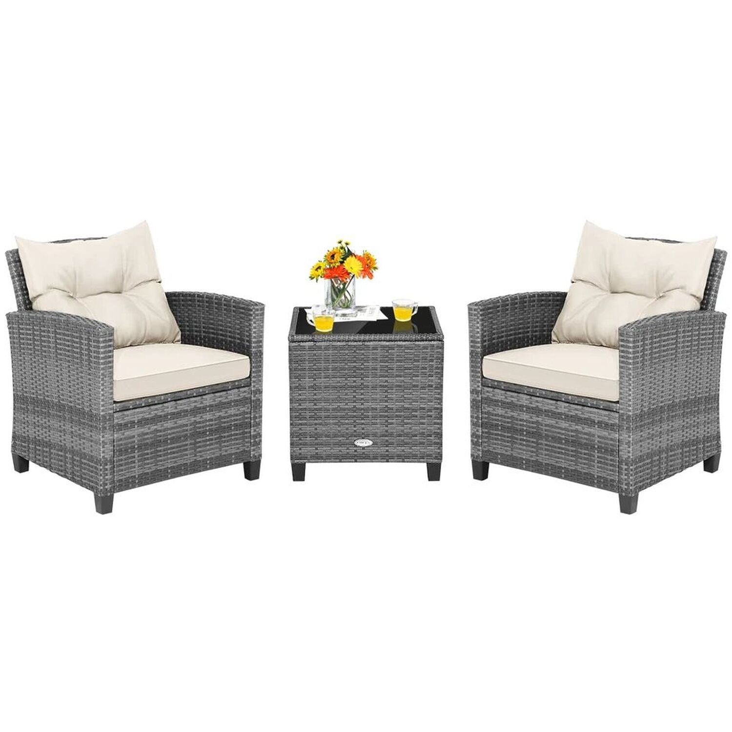 3 Piece Patio Rattan Chair And Table Set Outdoor Wicker Bistro - White