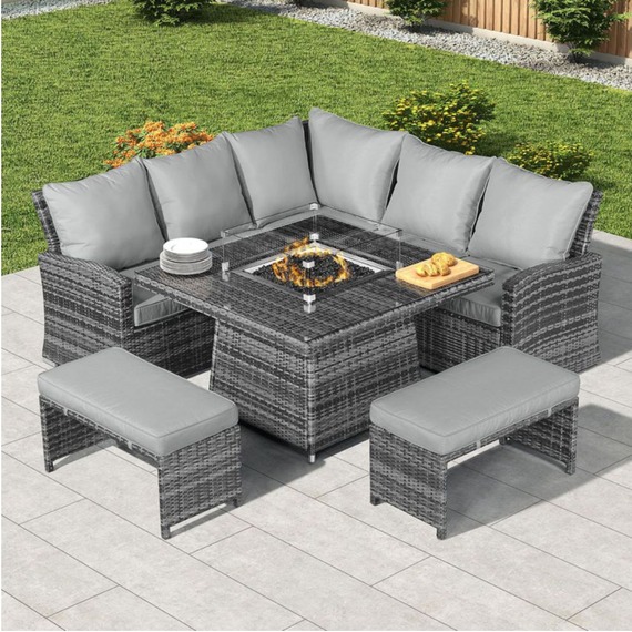 Abrihome 7 Seater Rattan Garden Furniture with Fire Pit Table Set