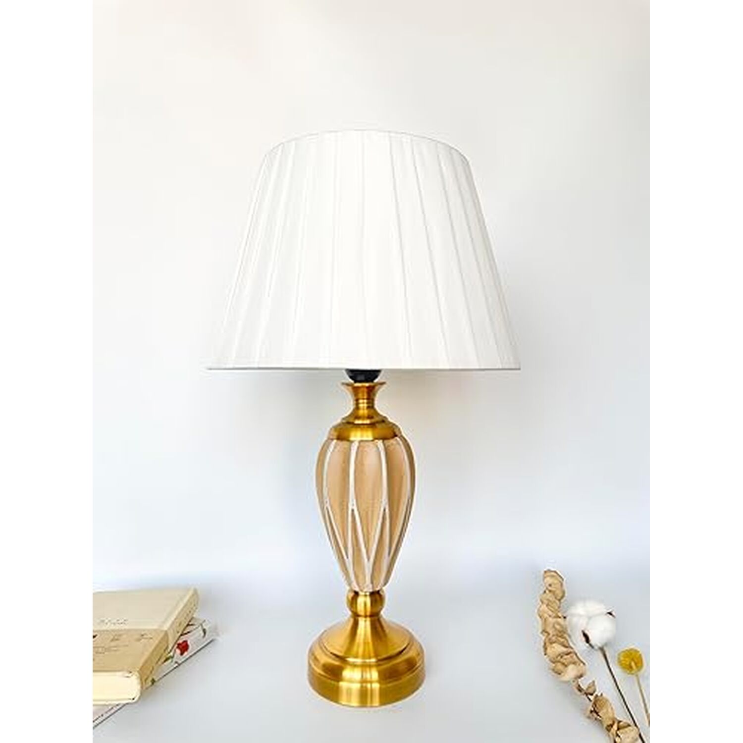 Gold Faceted Vase Metal Cermaic Base With A Soft White Fabric Shade - Gold