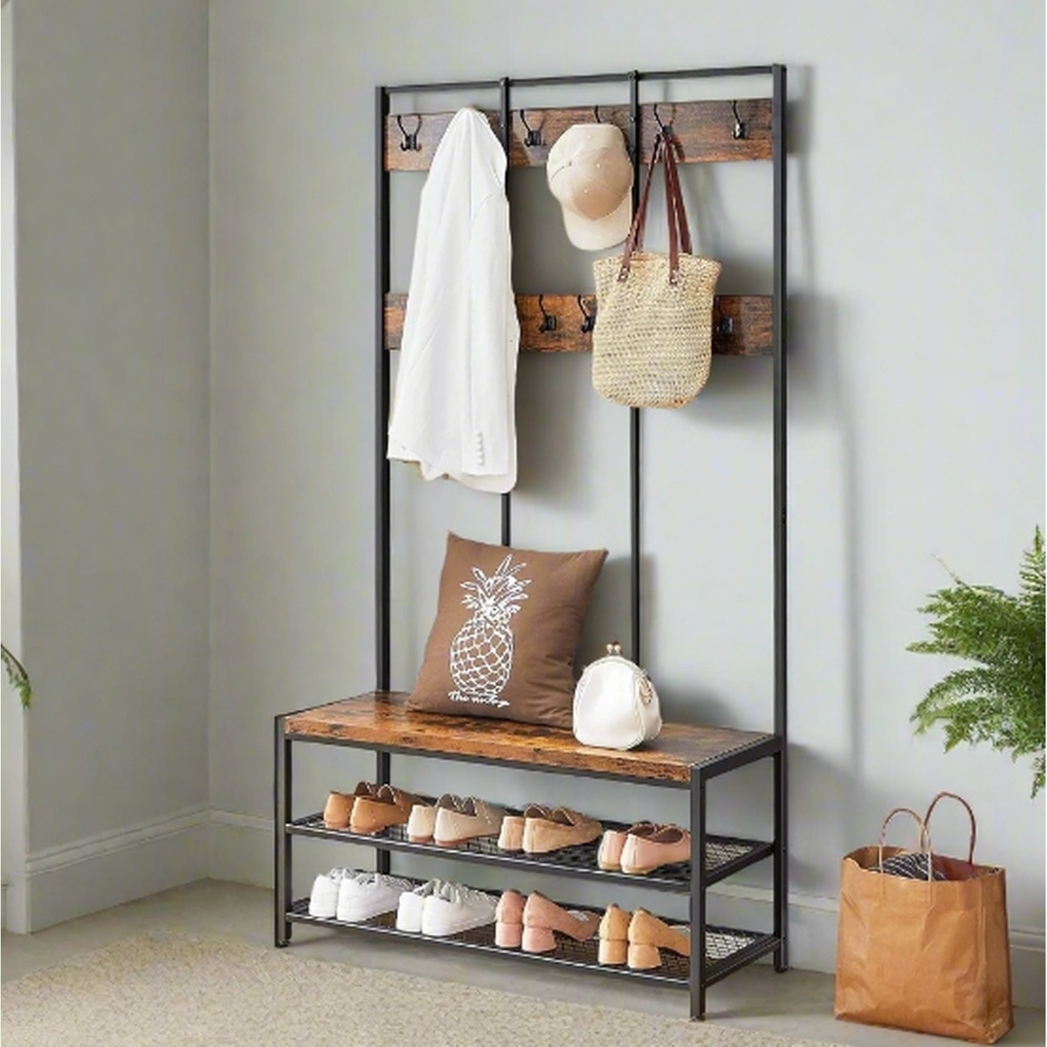 Industrial Entryway Coat Rack with 12 Hooks and Bench