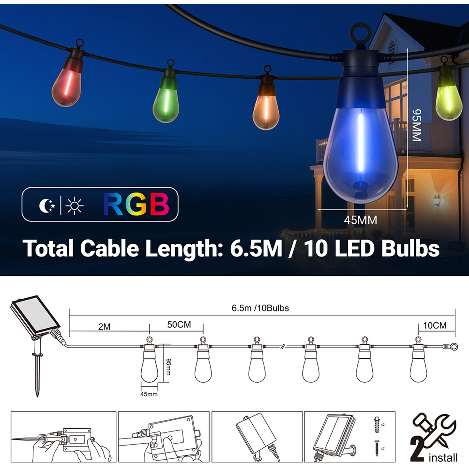 Led Solar Bulb String Lights 6 5m 10 Bulbs 8 Modes - Rgb
