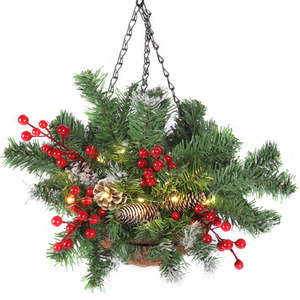 Lifeideas Pre Lit Artificial Christmas Hanging Basket with Frosted Pine Cone