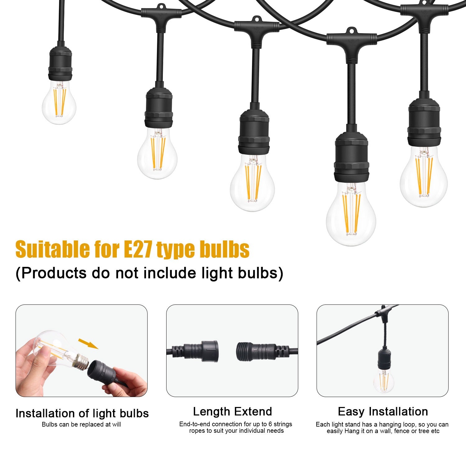 10m Drop String Lights With 15 E27 Holder - Black