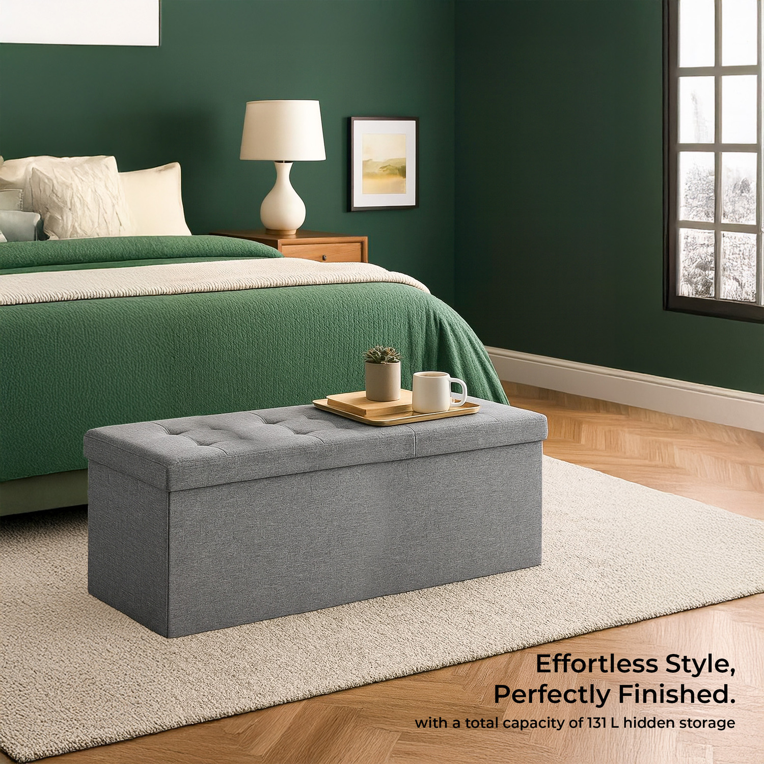 Grey Upholstered Foldable Storage Ottoman Bench - Grey