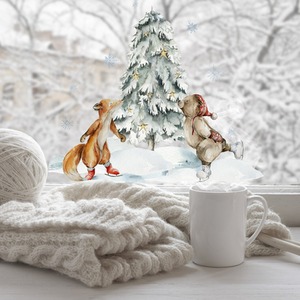 Double Sided Fox and Bear Christmas Window Sticker Winter Forest Friends