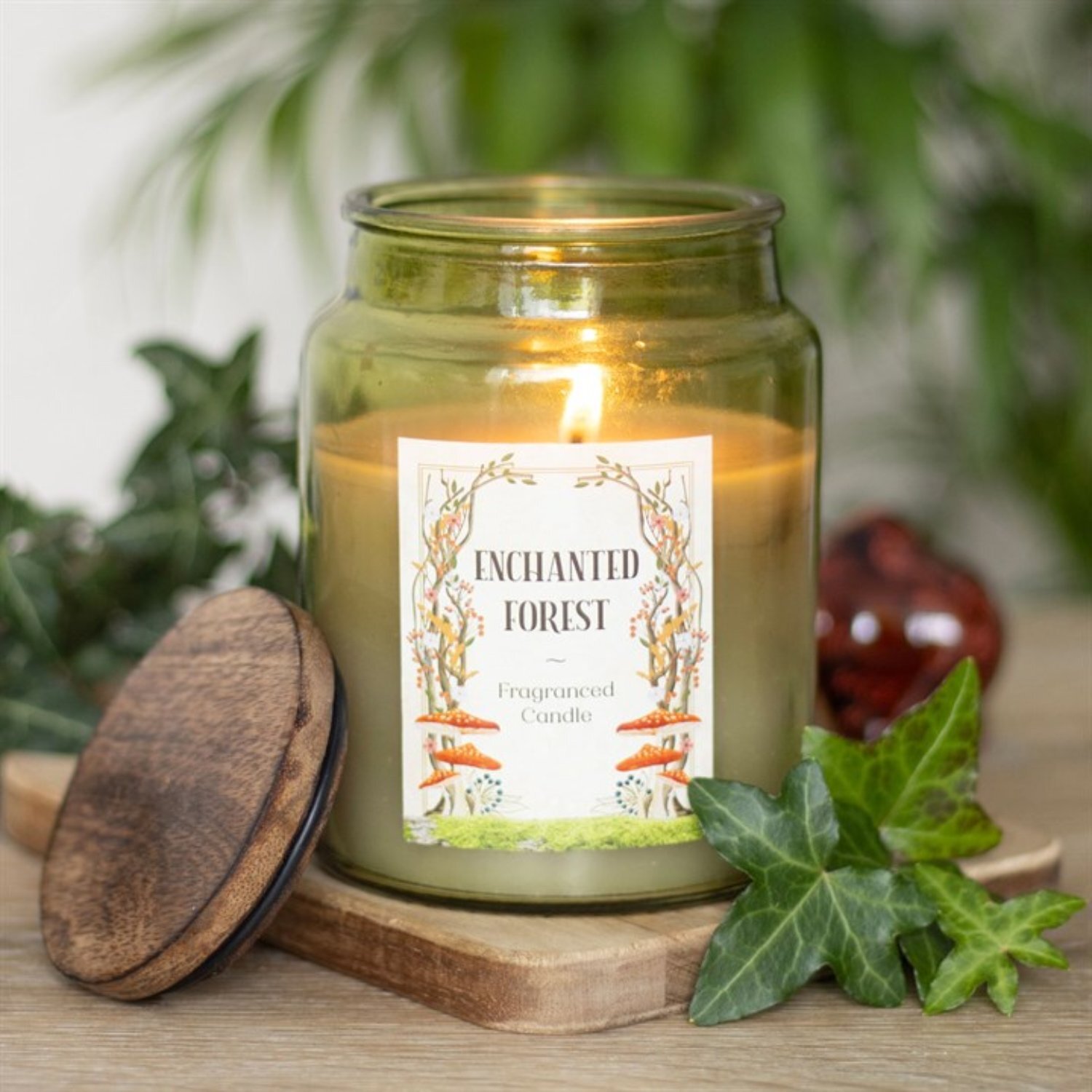 Enchanted Forest Vegan Candle With Toadstool Botanical Design Burn - Olive