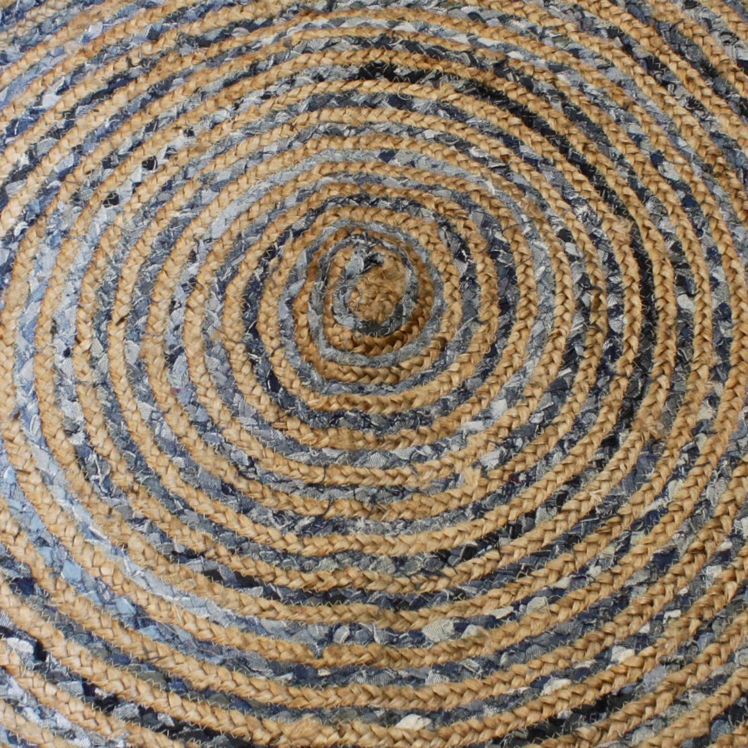 Handmade Round Jute Recycled Denim Rug Eco Friendly India - Multi