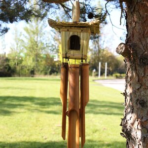 Square Seagrass Bird Box with Chimes - Garden  Patio Decor (49x15cm)
