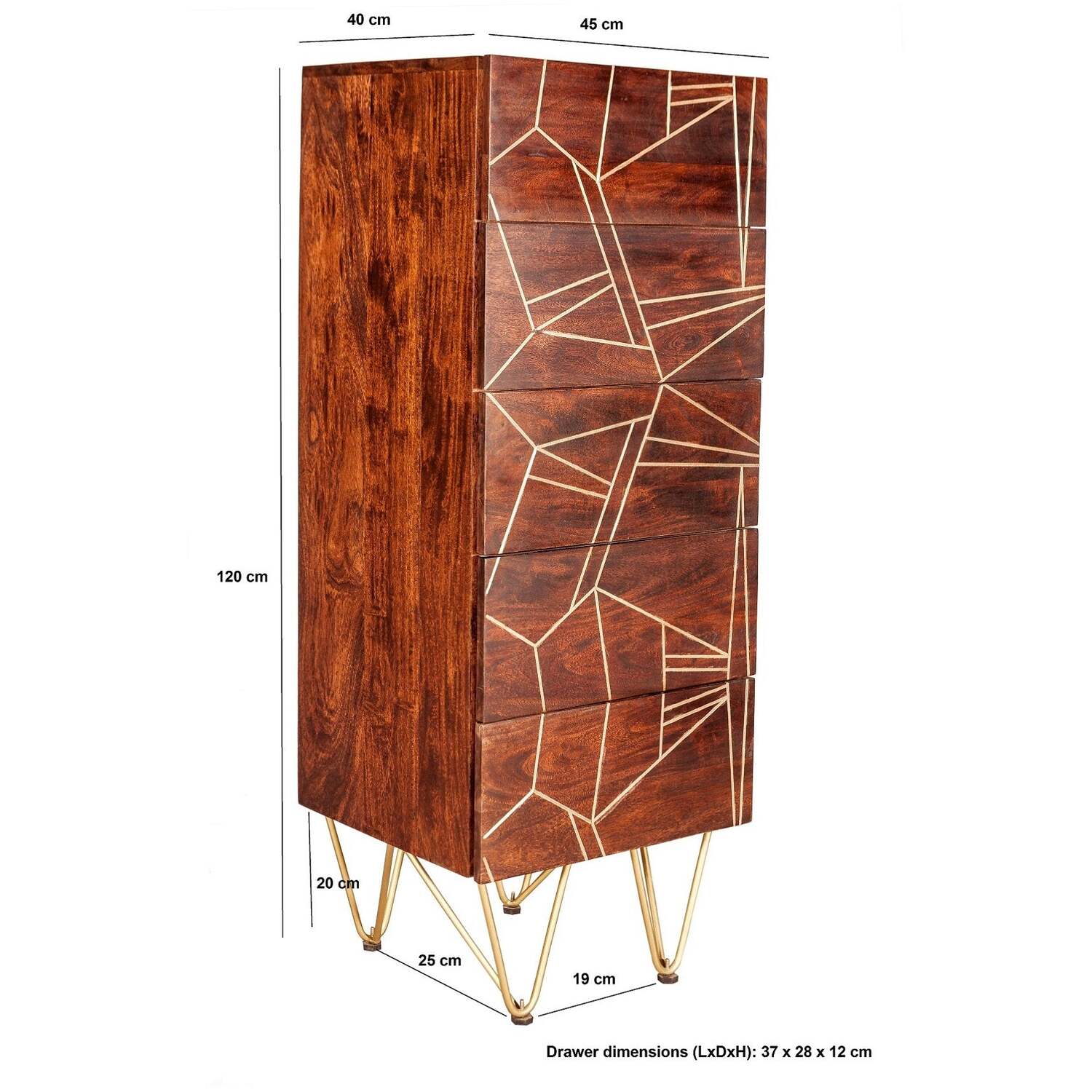 Bandung 5-Drawer Tall Chest, Dark Mango Wood with Gold Inlay - Brown