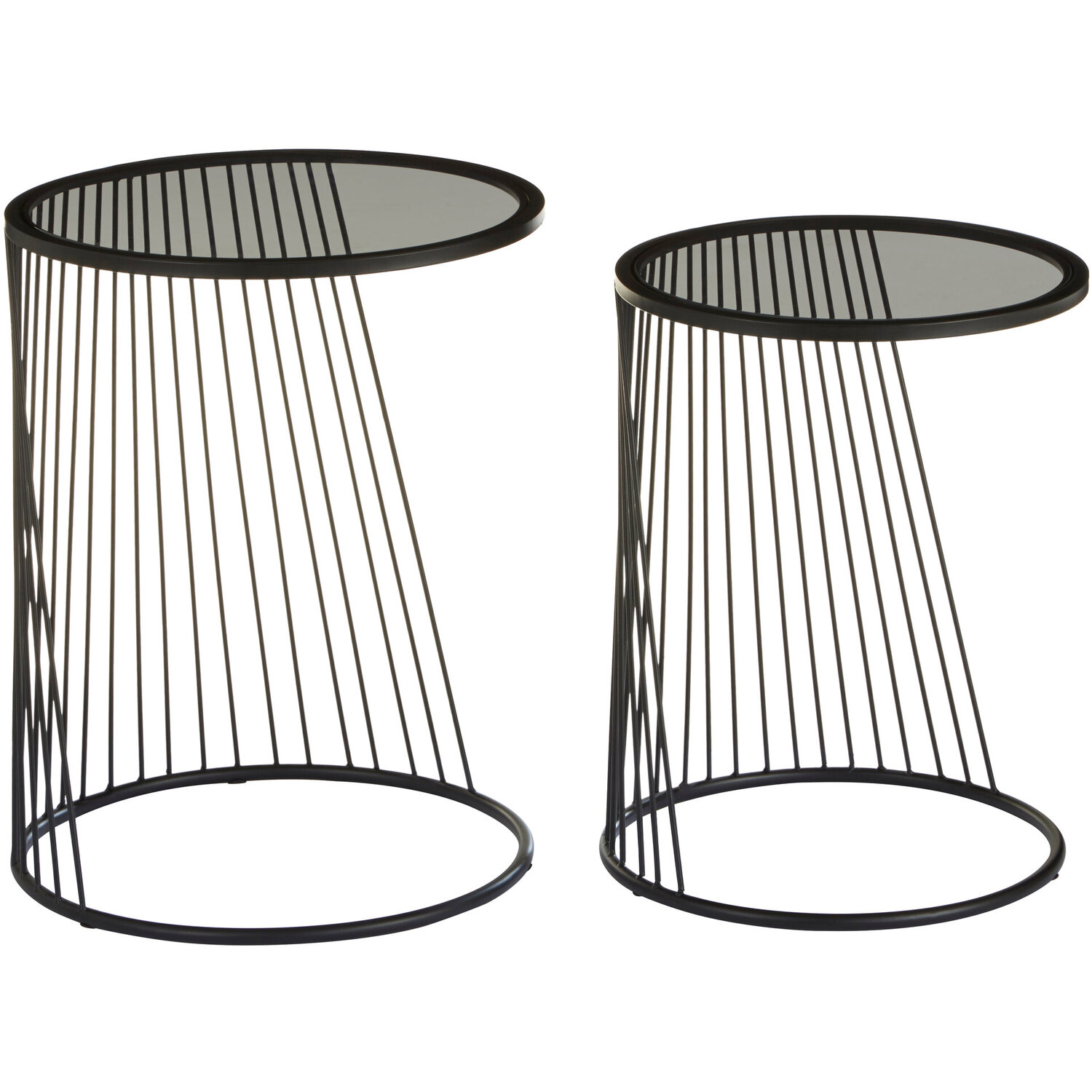Trento Black Set of 2 Round Side Tables with Glass Tops - Black