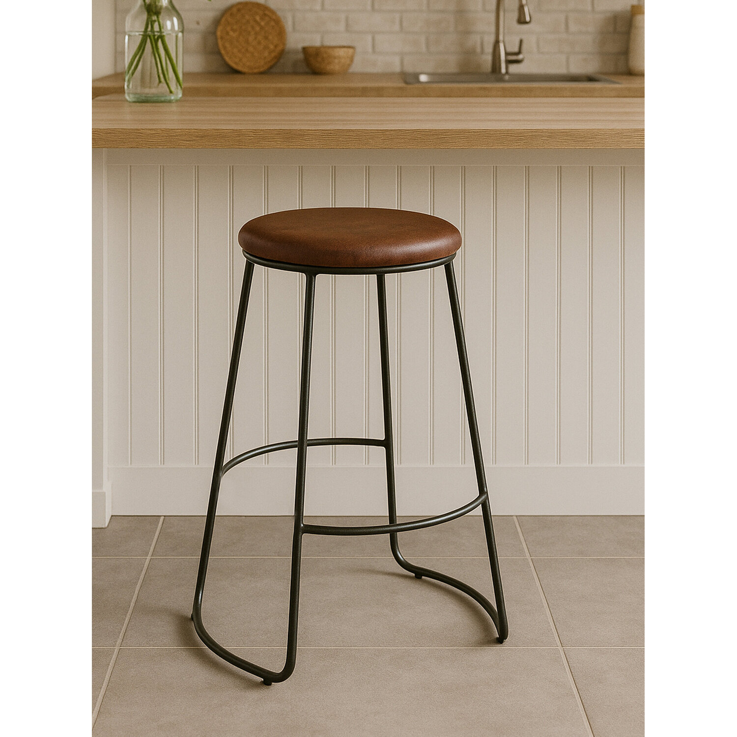 Interiors By Premier Brixton Faux Leather Bar Stool With Metal Legs - Black
