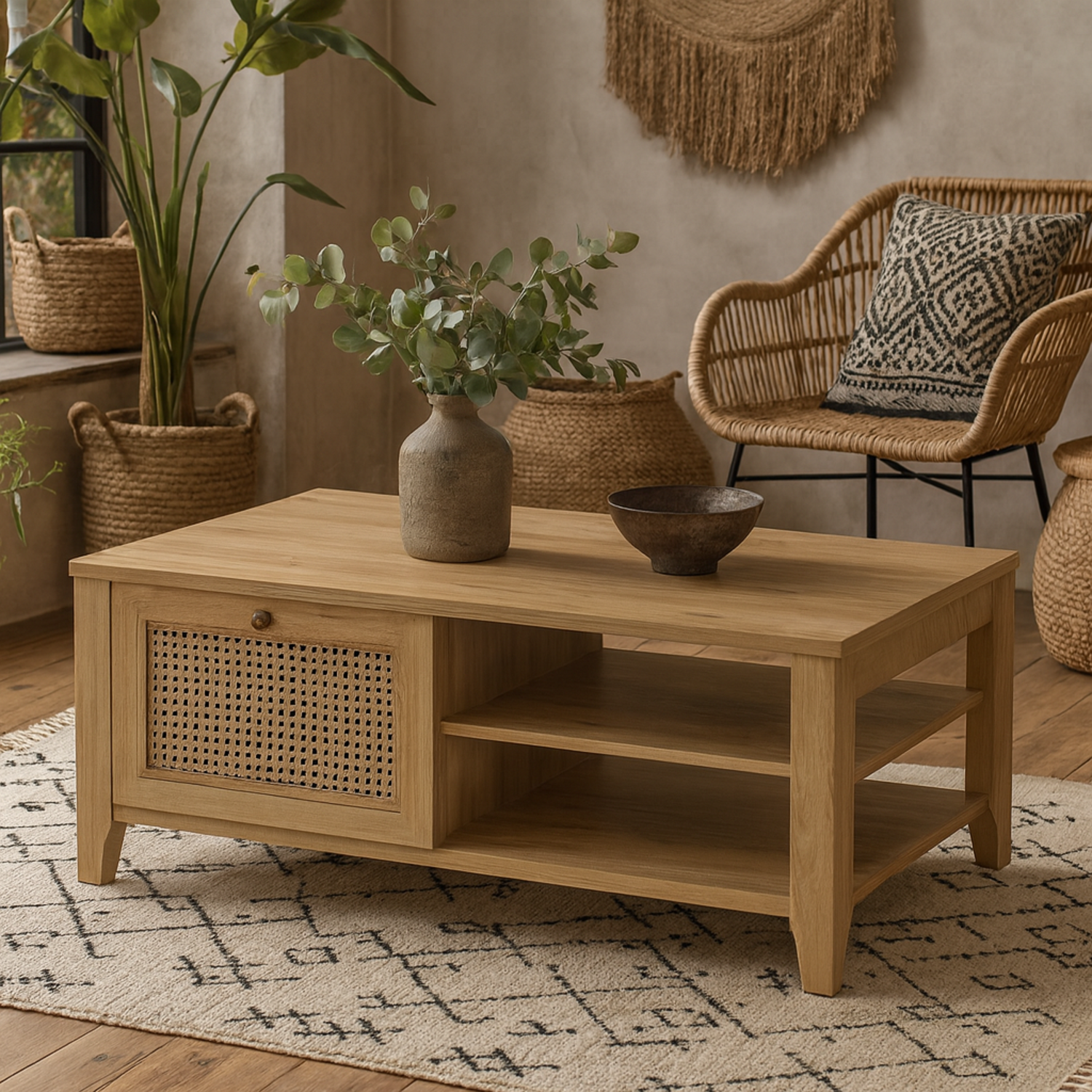 Monza Natural Effect Rattan Coffee Table with 1 Drawer Matt Finish - Natural