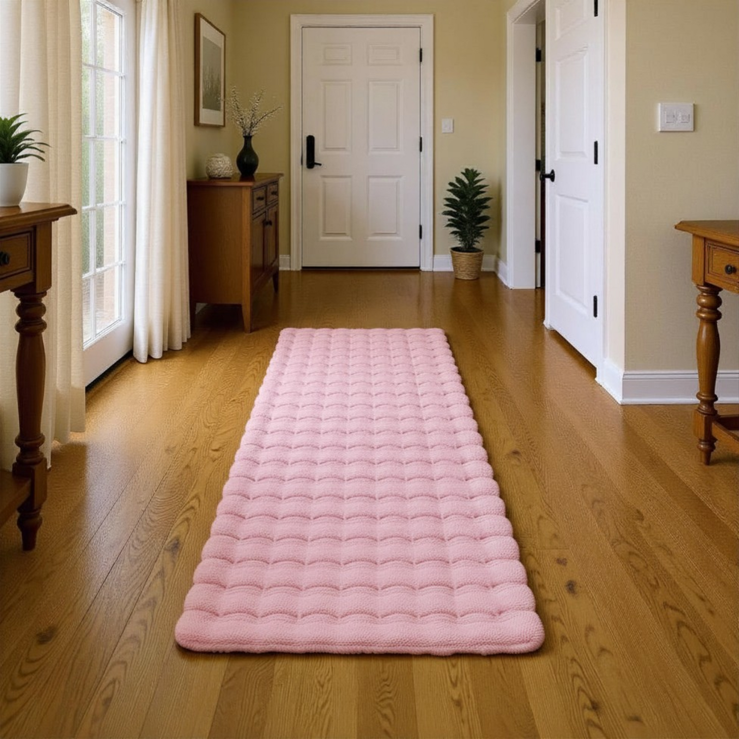 Orbie Washable Low Pile Super Soft Living Room Area Rug Machine Carved Ridge-Furrow Design - Baby Pink / 60cm / 200cm