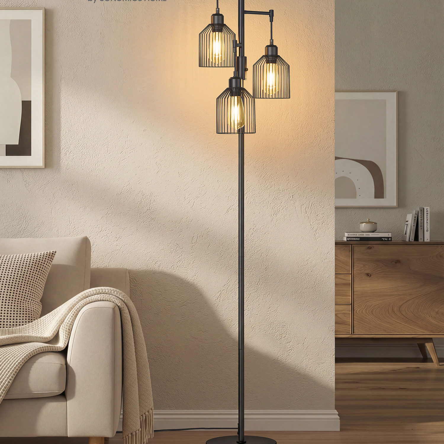 3-Light Ink Black Floor Lamp with Metal Shades - Ink Black
