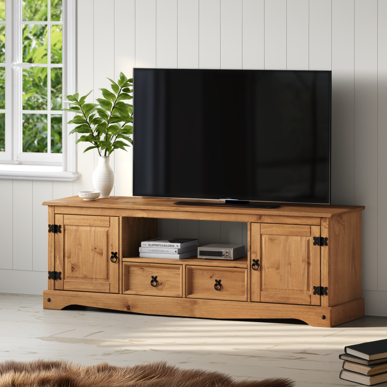 Corona Large Widescreen TV Unit Solid Wood Pine Wooden Long Television Stand - Brown