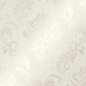 Chelsea Glitter Damask Wallpaper in White and Silver