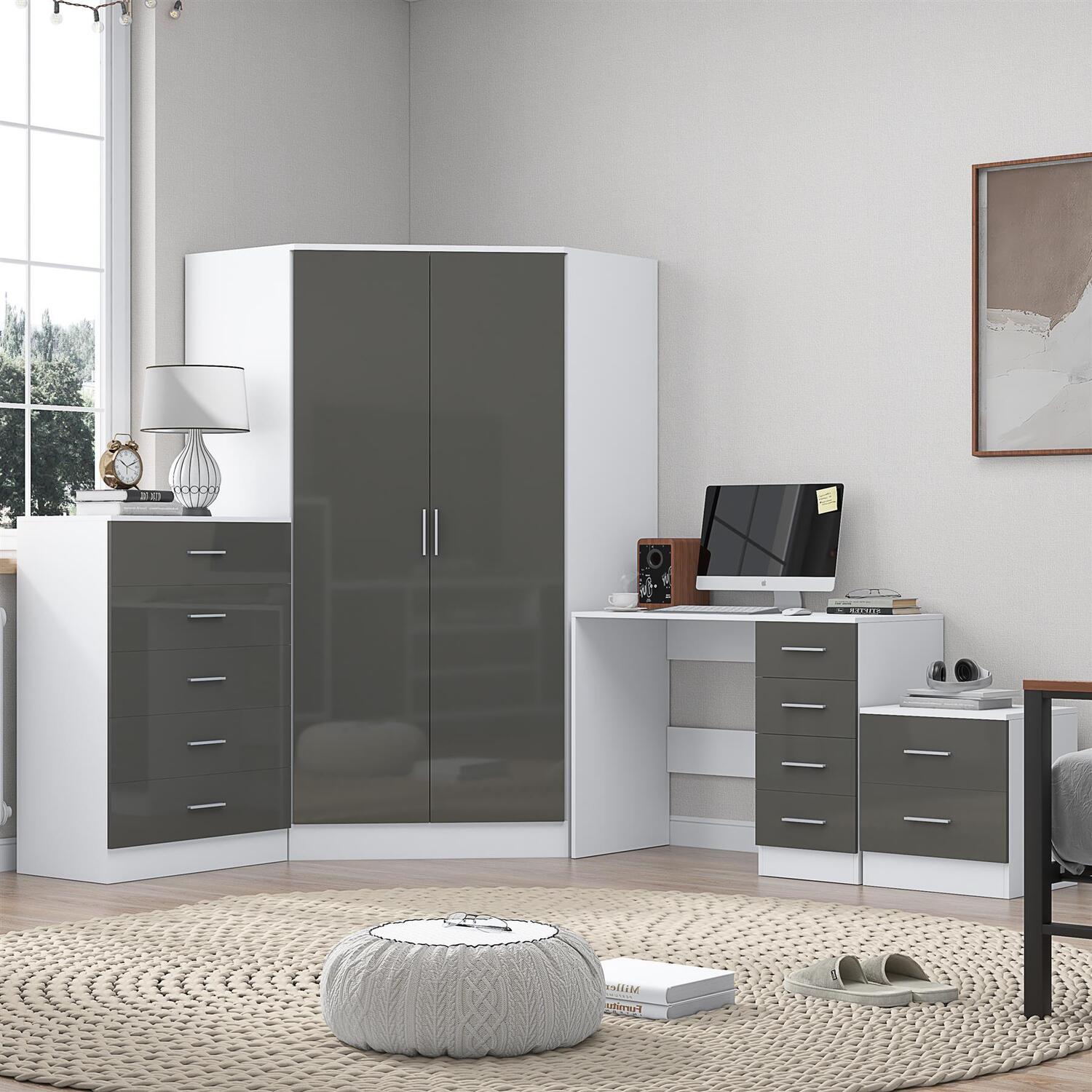 REFLECT Corner Wardrobe + Chest + Bedside + Desk - Grey/White - Image 6