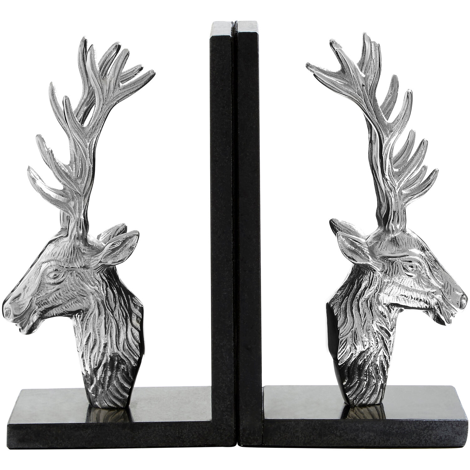Kinsley Set of 2 Stag Bookends with Marble Base - Silver