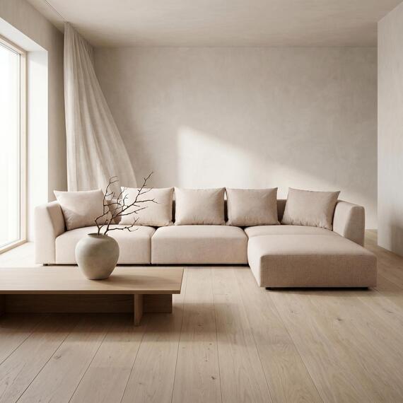 Tokyo Large Corner Sofa in Warm Taupe Brushed Tweed Fabric with Deep Seat
