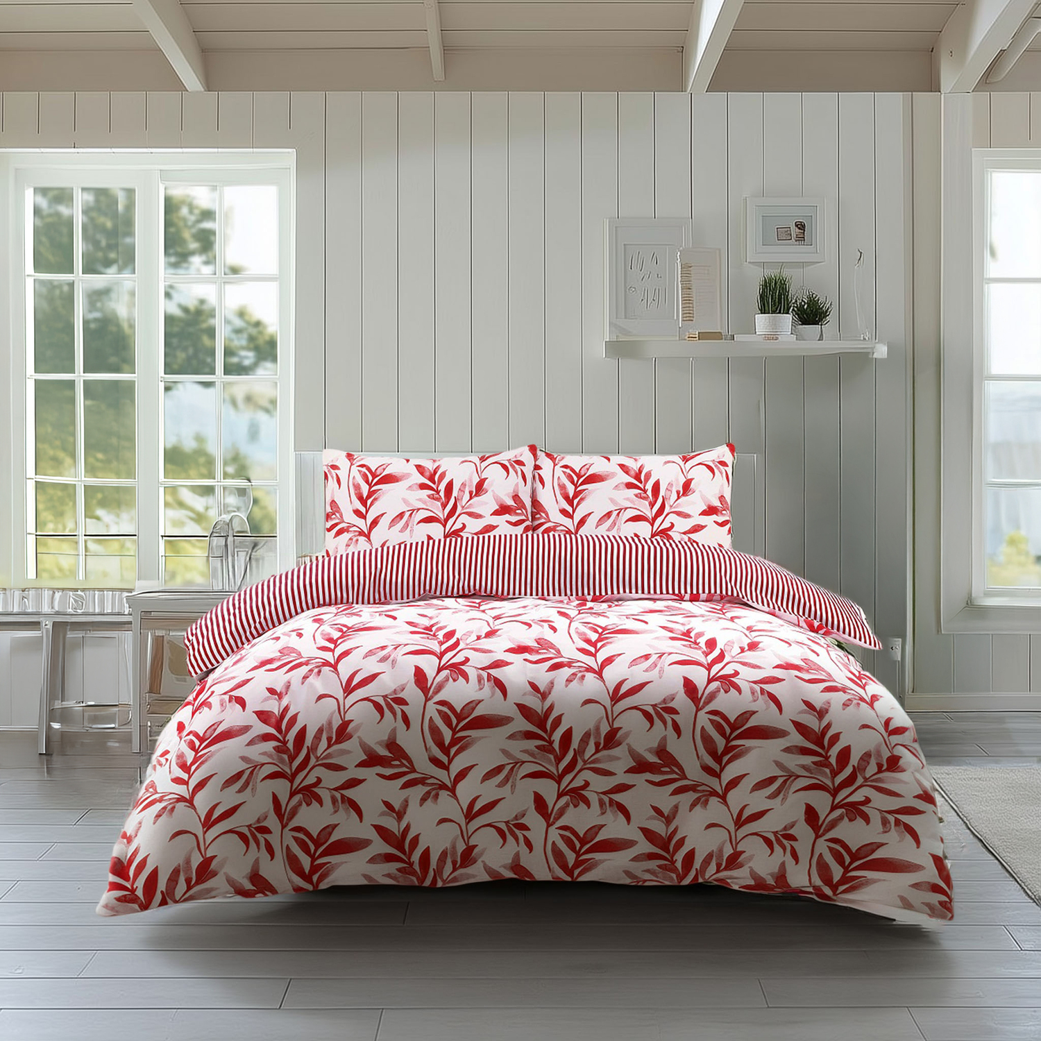 Snug City Duvet Cover & Pillowcase Set Reversible Leaf & Stripe Design Polycotton Bed Linen in Red | Size: Super King