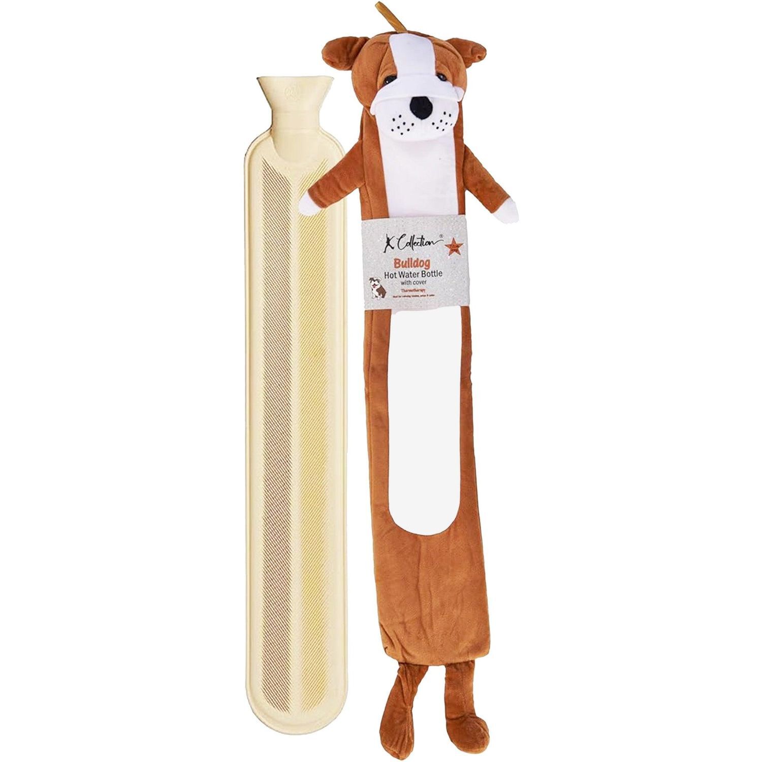 K Collection Bulldog Extra Long 2L Hot Water Bottle And Cover - Brown/White