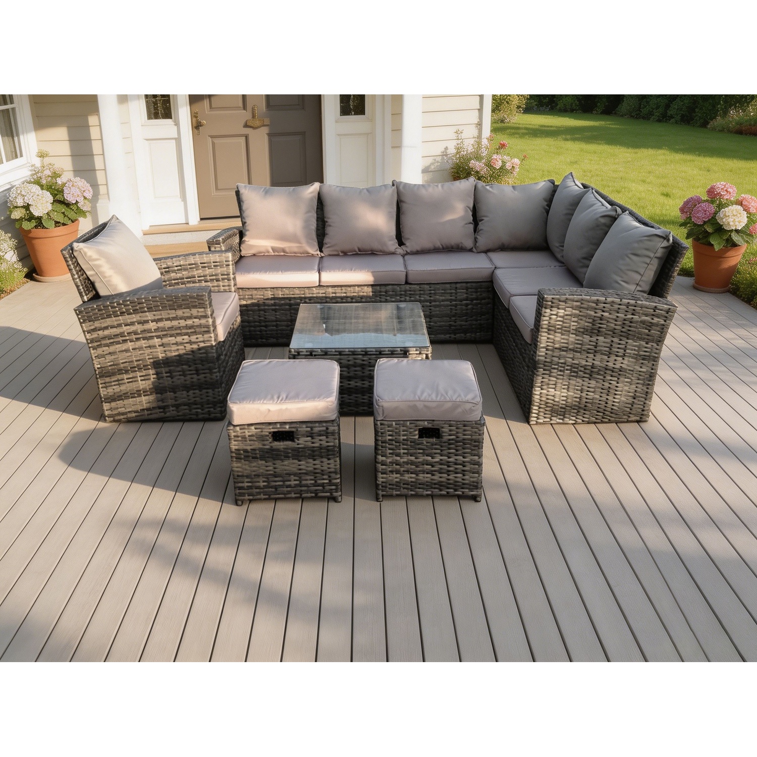 Fimous 9 Seater High Back Rattan Garden Furniture Set Corner Sofa With Square Coffee Table Stools With Chair - Image 2