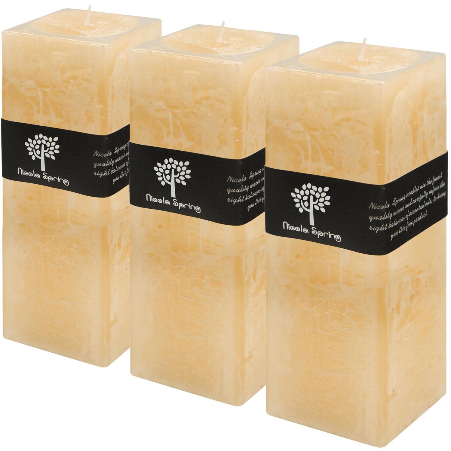 Square Vanilla Pillar Candles - 110 Hours - Cream - Pack of 3 - Natural