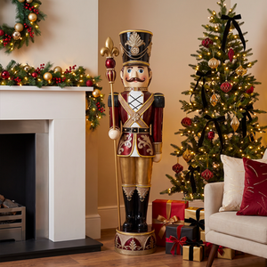 6ft Traditional Soldier Nutcracker Burgundy with Warm White LED Strip Lights