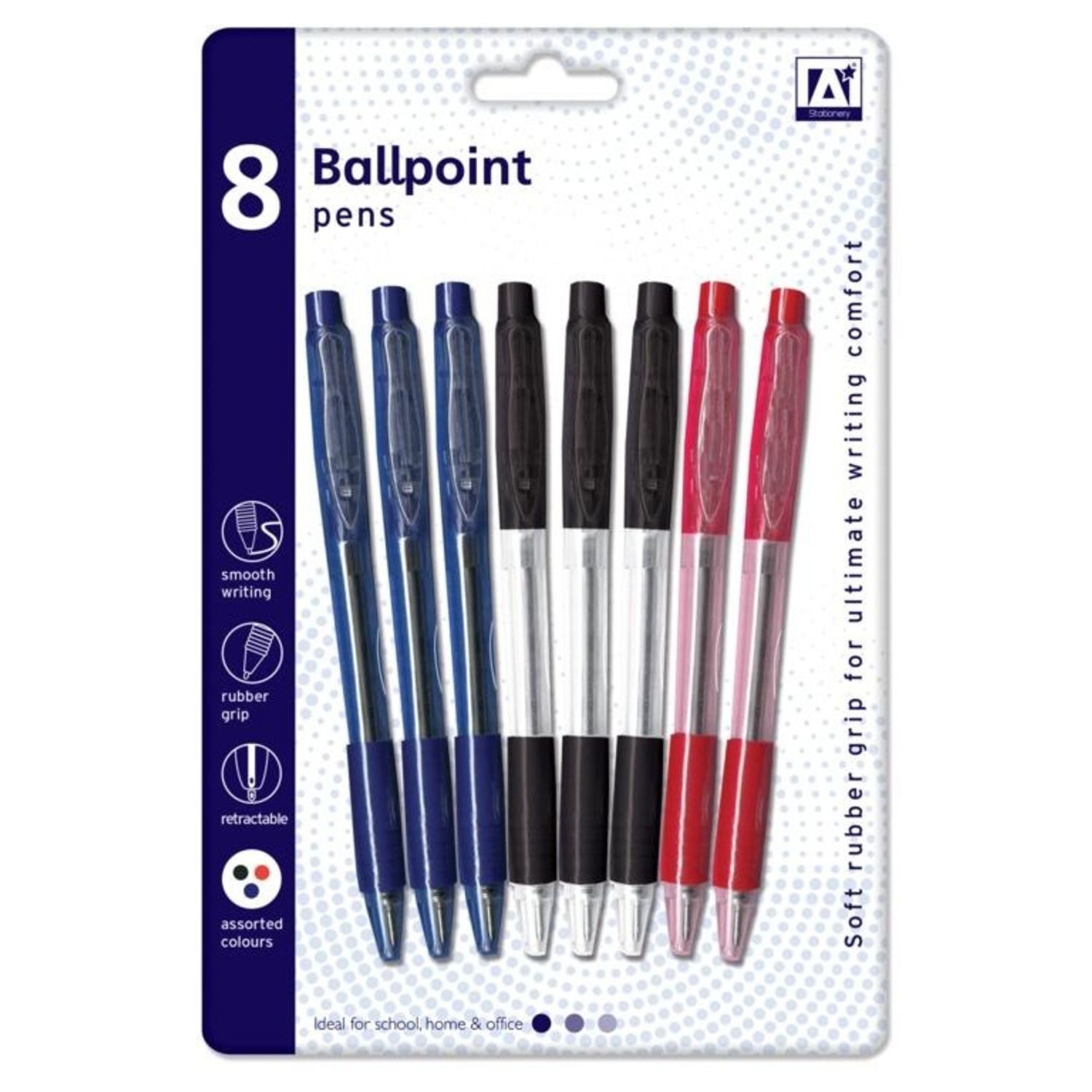 A Star Ballpoint Pens With Grips (Pack Of 8) - Blue/Black/Red